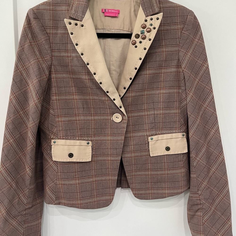 BCBGirls Brown Plaid Blazer with Studded Lapel